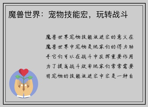 魔兽世界：宠物技能宏，玩转战斗